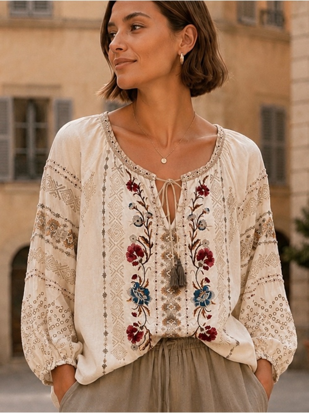 JOHNNY WAS Cotton/Silk Embroidered Boho Peasant Blouse Floral Eyelet